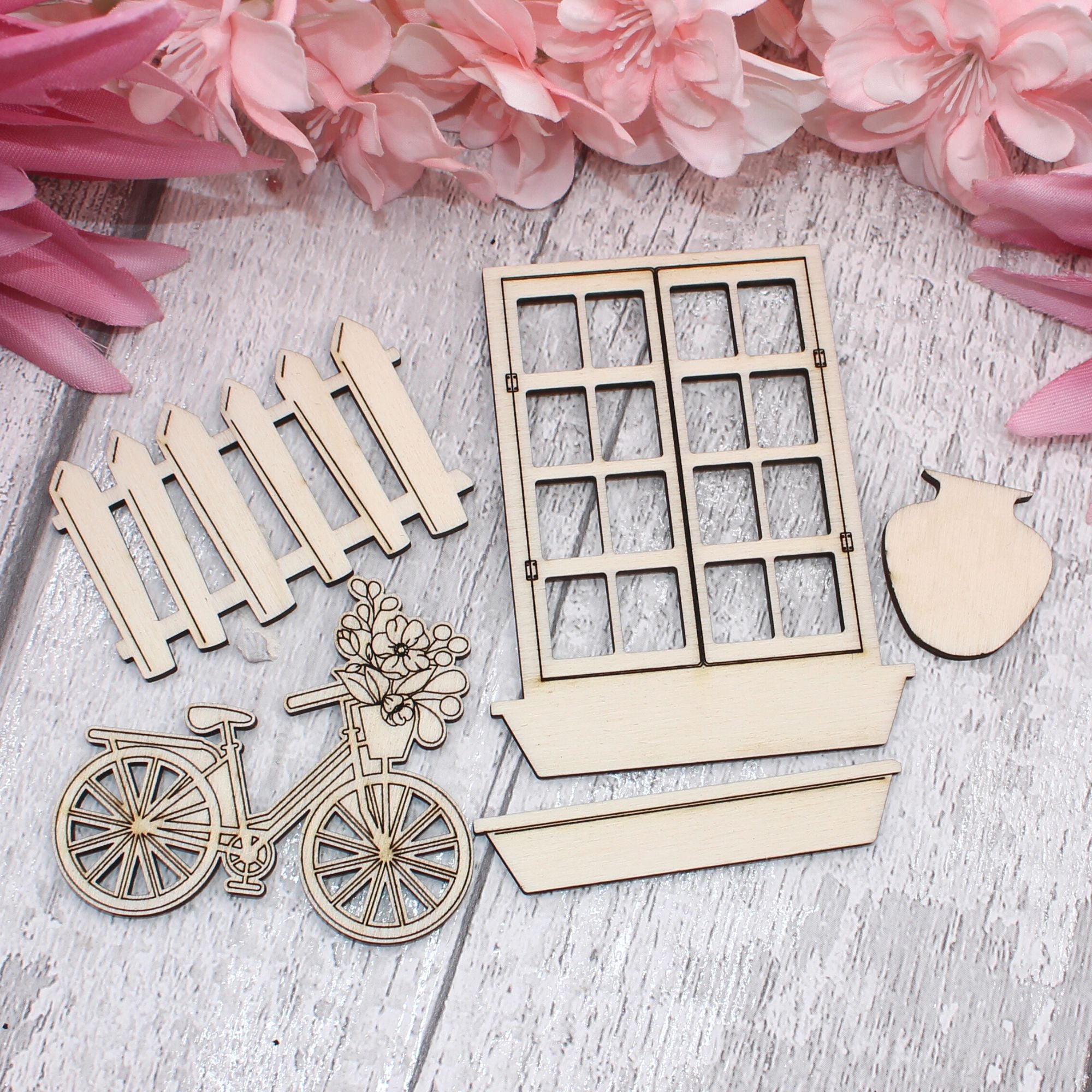 Outdoor Wood Craft Mix Set - Window, Bicycle, Planter, and Vase